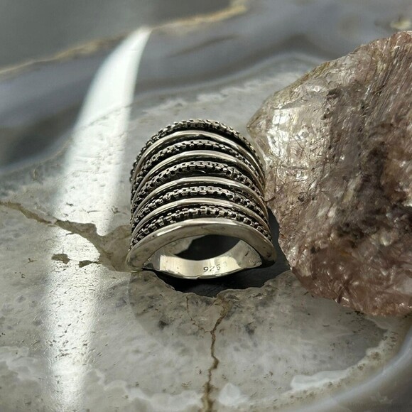 Sterling Silver Stripes Stacked Dome Modern Ring For Women, Taxco Mexico - Picture 4 of 10